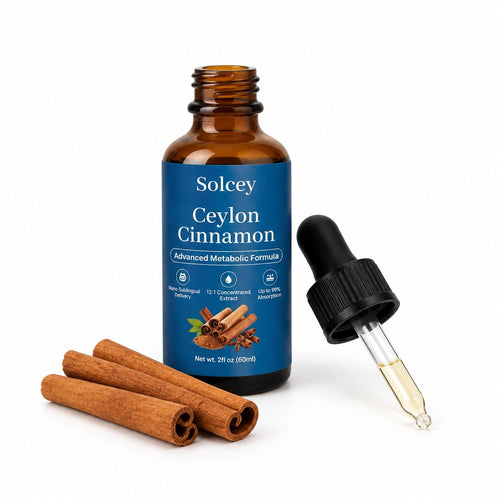 Solcey Ceylon Cinnamon bottle with dropper and cinnamon sticks
